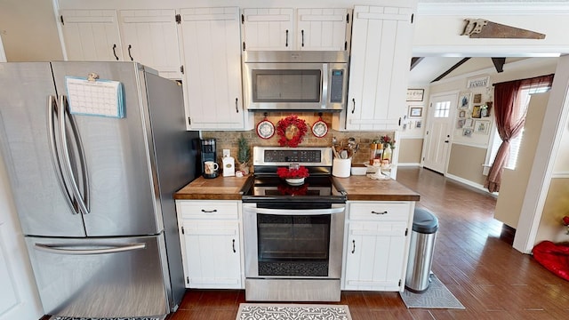 kitchen featuring backsplash, stainless steel appliances, dark hardwood / wood-style flooring, and white cabinets