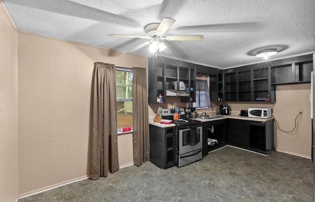 kitchen featuring sink, ceiling fan, and electric stove