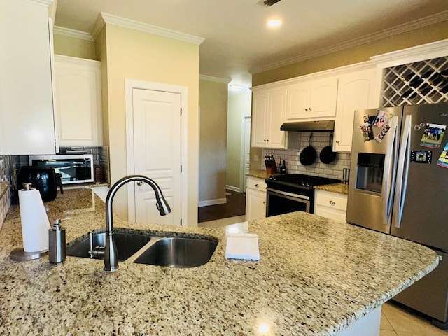 kitchen featuring white cabinets, sink, light stone countertops, ornamental molding, and stainless steel appliances