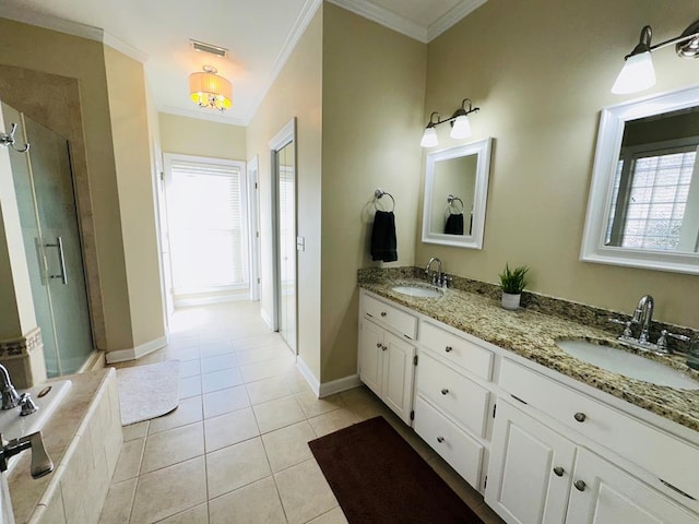 bathroom featuring tile patterned flooring, vanity, ornamental molding, and shower with separate bathtub