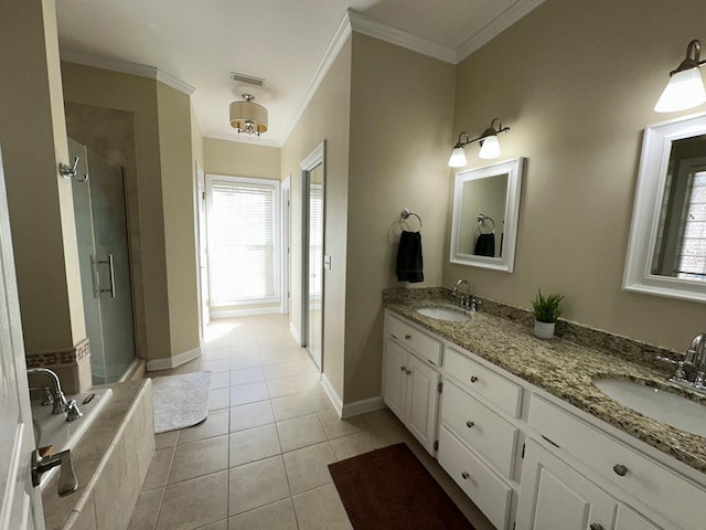 bathroom with tile patterned floors, plus walk in shower, crown molding, and vanity