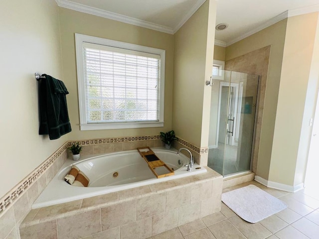 bathroom featuring tile patterned flooring, shower with separate bathtub, and crown molding