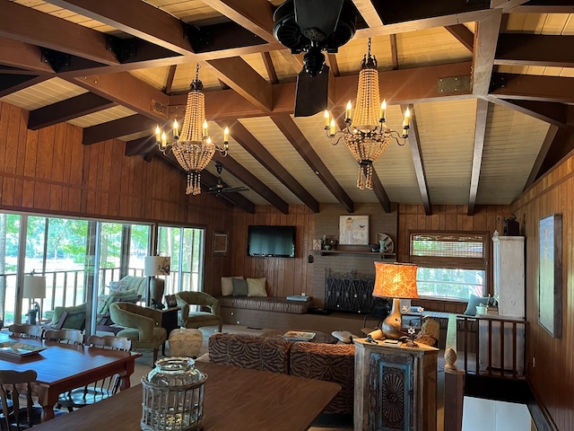 living room featuring vaulted ceiling with beams, wooden ceiling, and wood walls