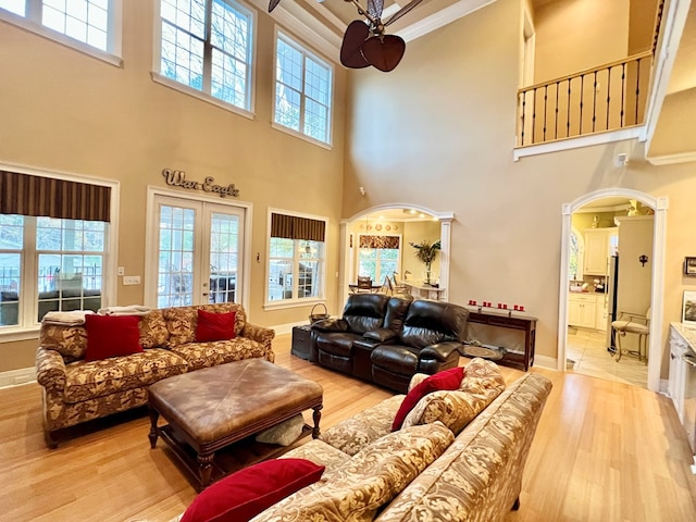 living room with a wealth of natural light, a high ceiling, and light wood-type flooring