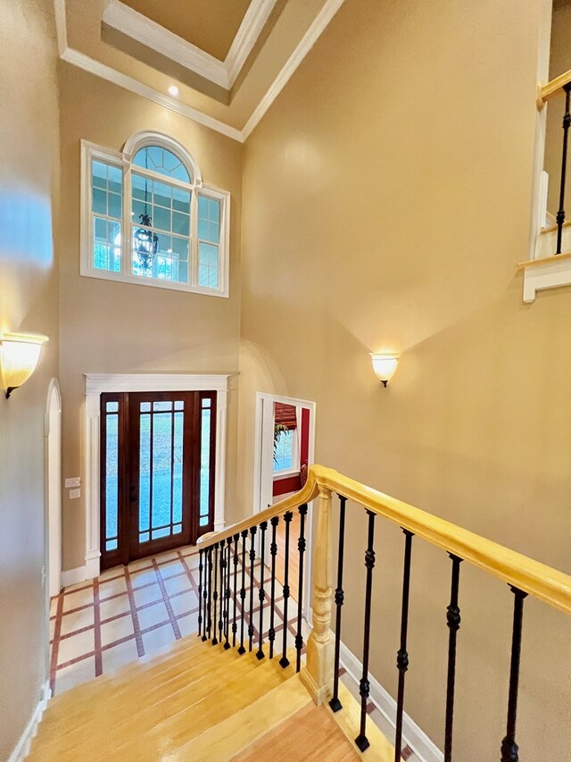 foyer entrance featuring a high ceiling, hardwood / wood-style flooring, a raised ceiling, and crown molding