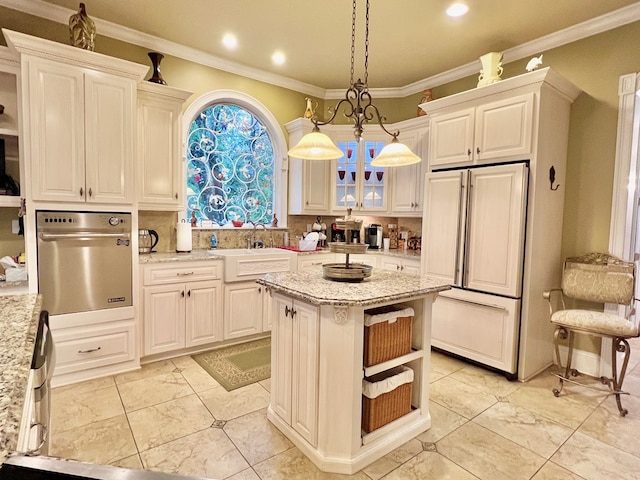 kitchen featuring stainless steel oven, sink, decorative light fixtures, paneled built in fridge, and a center island