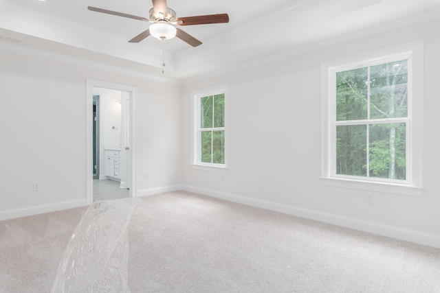 carpeted empty room with plenty of natural light, ceiling fan, crown molding, and a tray ceiling