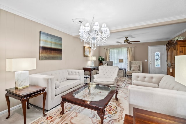 13215 E State Highway 52, Hartford, AL 36344 - living room featuring crown molding, a chandelier, and ceiling fan