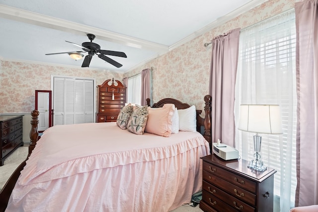 13215 E State Highway 52, Hartford, AL 36344 - bedroom featuring wallpapered walls, ornamental molding, a ceiling fan, and a closet