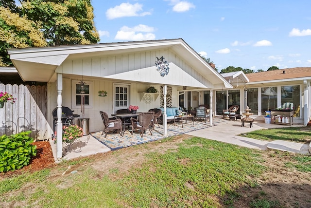 13215 E State Highway 52, Hartford, AL 36344 - rear view of house featuring an outdoor living space, a patio, and a ceiling fan