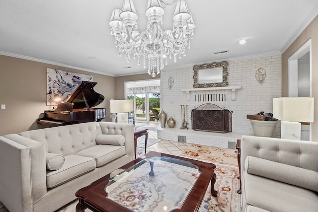 13215 E State Highway 52, Hartford, AL 36344 - living room featuring crown molding, a chandelier, a brick fireplace, and recessed lighting