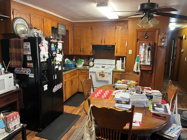 kitchen with ceiling fan, light wood-type flooring, white appliances, and ornamental molding