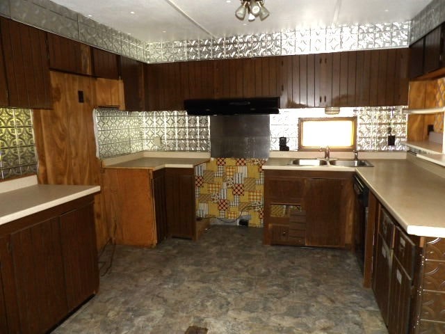 kitchen with dishwasher, exhaust hood, light countertops, and a sink