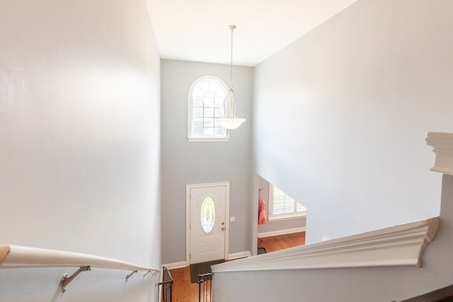 entryway with baseboards, wood finished floors, and a towering ceiling