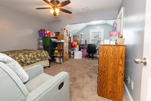 carpeted bedroom with visible vents, ceiling fan, and lofted ceiling