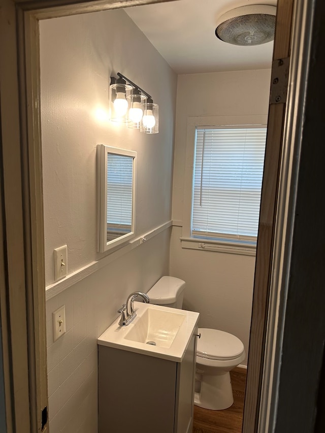 bathroom with vanity, wood-type flooring, tile walls, and toilet