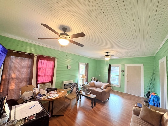 69 Granger Aly, Cottonwood, AL 36320 - living room featuring wood finished floors, a ceiling fan, crown molding, heating unit, and wood ceiling
