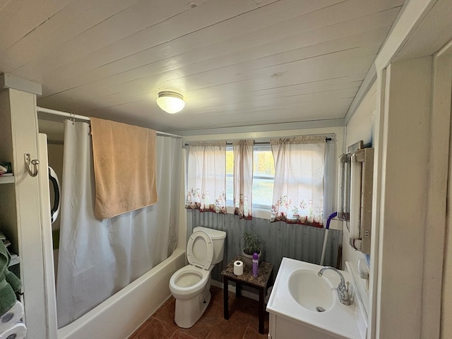 full bathroom featuring toilet, wood ceiling, tile patterned flooring, shower / bath combination with curtain, and vanity