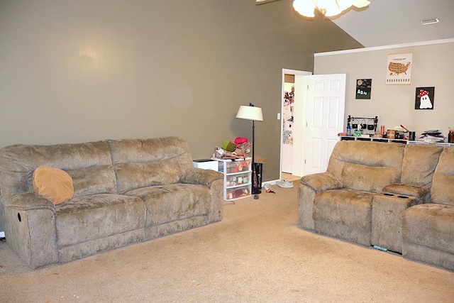 living area with light carpet, lofted ceiling, a ceiling fan, and crown molding