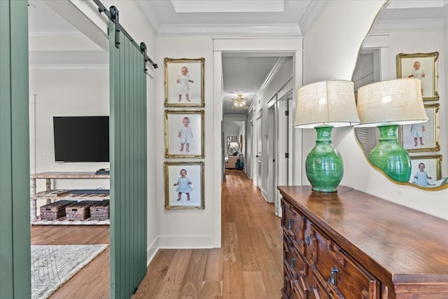 hallway featuring crown molding, a barn door, and wood finished floors