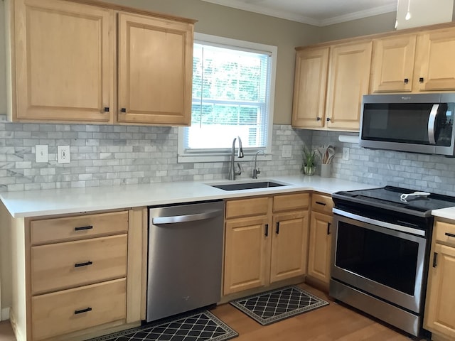 210 E Hickory Bend Rd, Enterprise, AL 36330 - kitchen featuring appliances with stainless steel finishes, light brown cabinets, a sink, light countertops, and crown molding