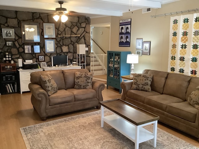 210 E Hickory Bend Rd, Enterprise, AL 36330 - living room featuring ceiling fan, wood finished floors, stairs, and beam ceiling