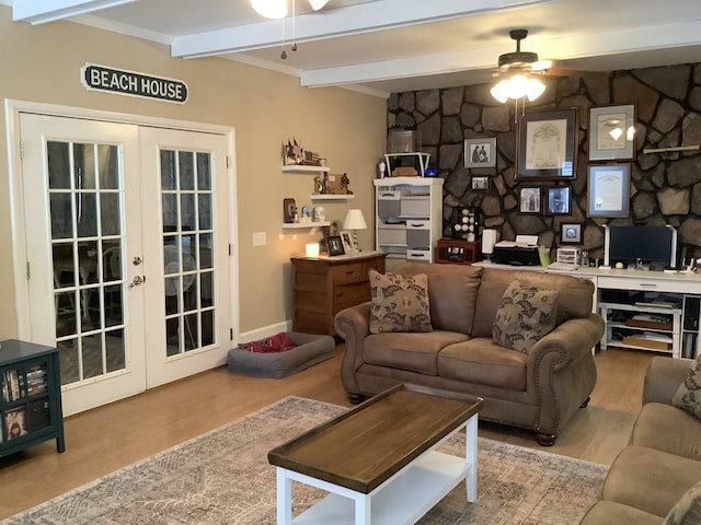 210 E Hickory Bend Rd, Enterprise, AL 36330 - living room featuring ceiling fan, beamed ceiling, french doors, wood finished floors, and crown molding