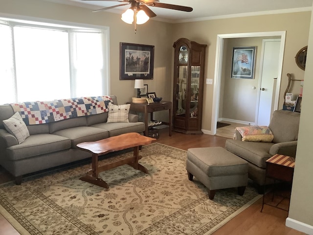 210 E Hickory Bend Rd, Enterprise, AL 36330 - living room with a ceiling fan, wood finished floors, crown molding, and baseboards