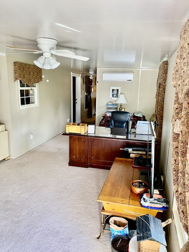 office with ceiling fan, an AC wall unit, and light carpet