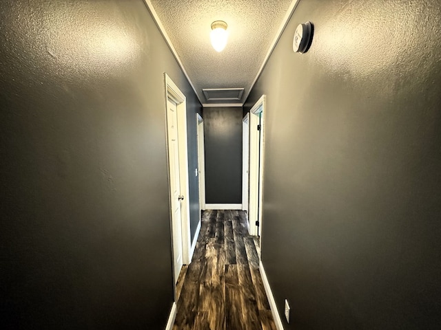 corridor with a textured ceiling and dark hardwood / wood-style floors