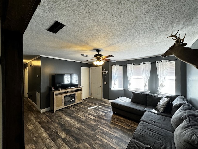 living room featuring dark hardwood / wood-style flooring, a textured ceiling, and ornamental molding