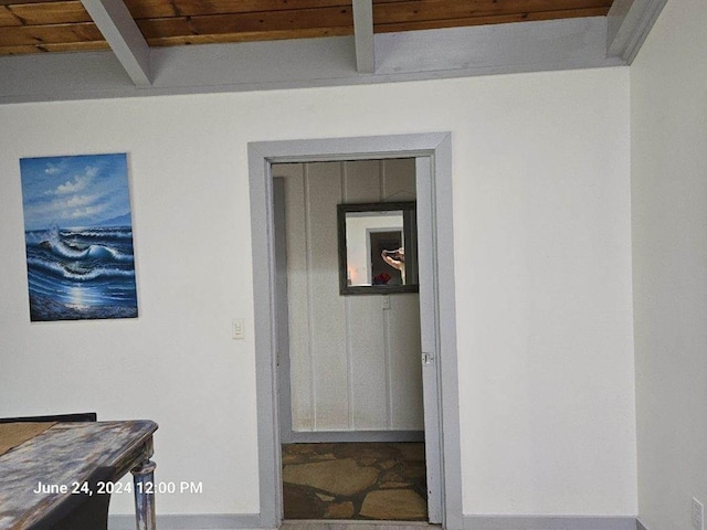 1442 Jernigan Rd, Ozark, AL 36360 - hallway featuring a wood ceiling with exposed beams