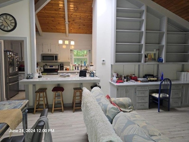 1442 Jernigan Rd, Ozark, AL 36360 - living room featuring a wooden ceiling with exposed beams, light wood finished floors, a desk, and high vaulted ceiling