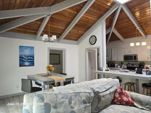 1442 Jernigan Rd, Ozark, AL 36360 - dining area with a chandelier, wood finished floors, a wooden ceiling with exposed beams, and high vaulted ceiling