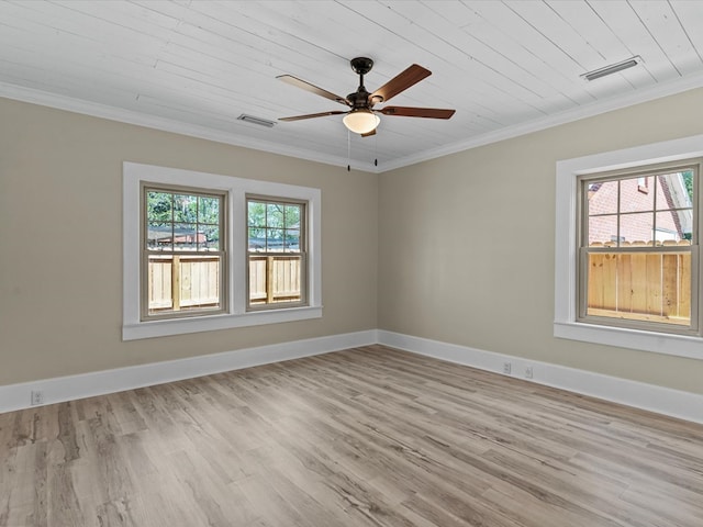 203 E Mckinnon St, New Brockton, AL 36351 - spare room featuring ornamental molding, light wood-style floors, a ceiling fan, and wood ceiling