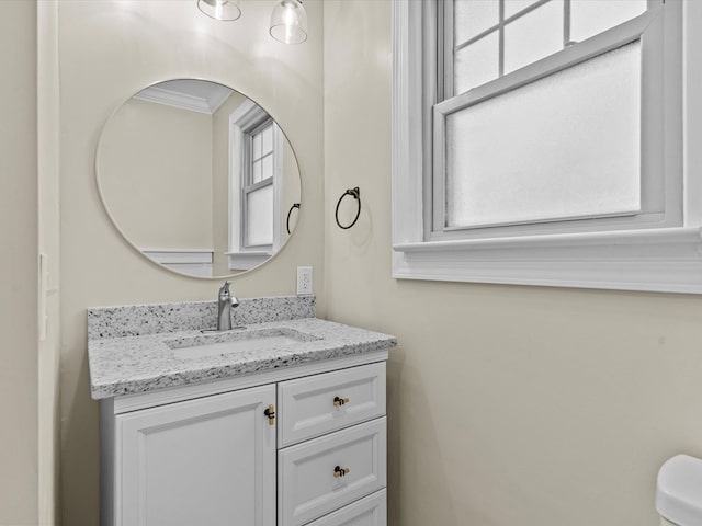 203 E Mckinnon St, New Brockton, AL 36351 - half bath featuring vanity, plenty of natural light, and crown molding