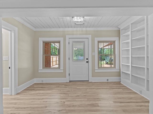 203 E Mckinnon St, New Brockton, AL 36351 - foyer featuring crown molding, healthy amount of natural light, light wood-type flooring, and wood ceiling