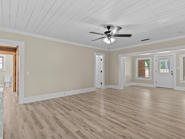 203 E Mckinnon St, New Brockton, AL 36351 - unfurnished living room featuring ornamental molding, light wood-style floors, ceiling fan, healthy amount of natural light, and wood ceiling