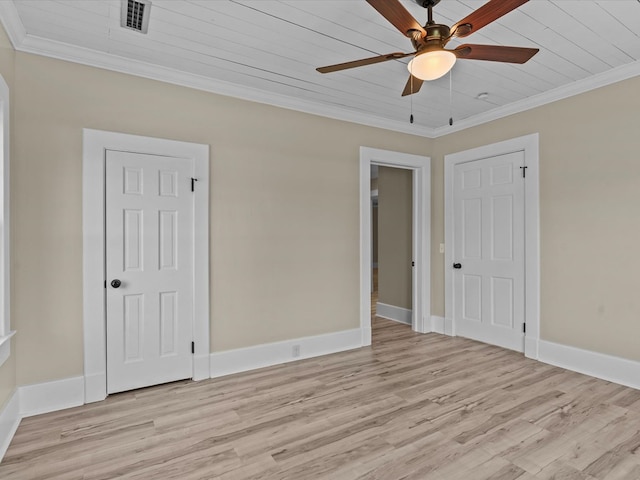 203 E Mckinnon St, New Brockton, AL 36351 - unfurnished bedroom with light wood finished floors, crown molding, a ceiling fan, and wood ceiling