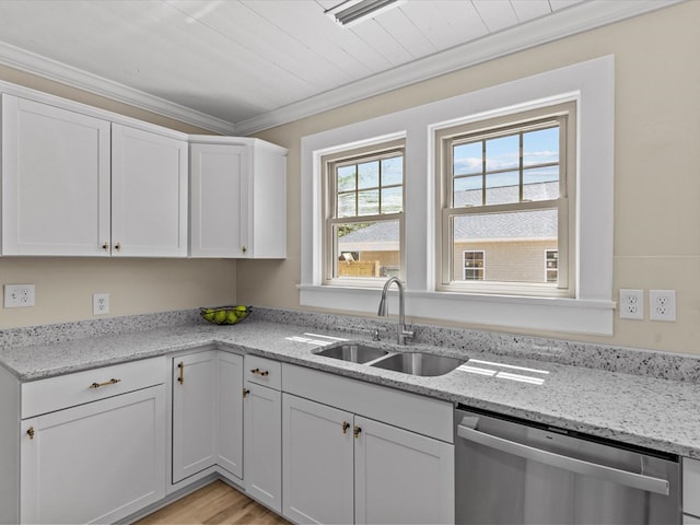 203 E Mckinnon St, New Brockton, AL 36351 - kitchen with dishwasher, white cabinets, light wood-style floors, light stone countertops, and crown molding