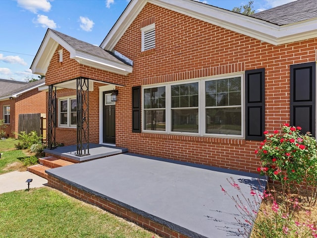 203 E Mckinnon St, New Brockton, AL 36351 - rear view of house with brick siding and a patio area