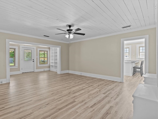 203 E Mckinnon St, New Brockton, AL 36351 - unfurnished living room with light wood-style flooring, ornamental molding, healthy amount of natural light, ceiling fan, and wooden ceiling