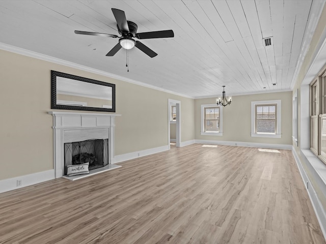 203 E Mckinnon St, New Brockton, AL 36351 - unfurnished living room with a chandelier, crown molding, light wood finished floors, a fireplace, and ceiling fan