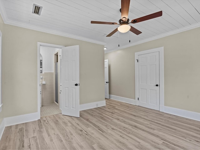 203 E Mckinnon St, New Brockton, AL 36351 - unfurnished bedroom featuring light wood finished floors, ornamental molding, wooden ceiling, ensuite bathroom, and ceiling fan
