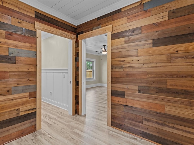 203 E Mckinnon St, New Brockton, AL 36351 - hallway featuring wooden walls, wood finished floors, and ornamental molding
