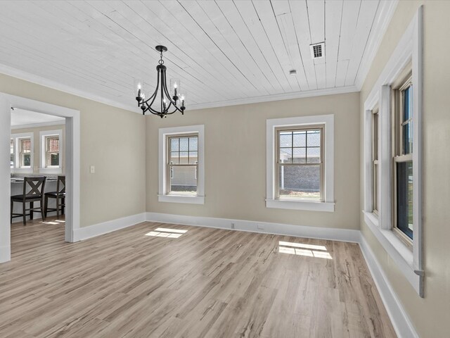 203 E Mckinnon St, New Brockton, AL 36351 - unfurnished dining area with wooden ceiling, a chandelier, light wood-style floors, and crown molding