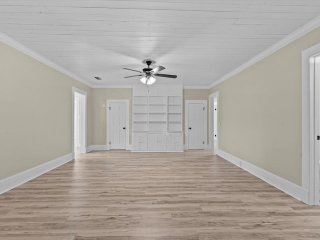 203 E Mckinnon St, New Brockton, AL 36351 - empty room with light wood-type flooring, ceiling fan, ornamental molding, and built in shelves
