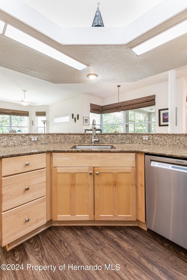 kitchen with dark hardwood / wood-style flooring, stainless steel dishwasher, sink, and plenty of natural light