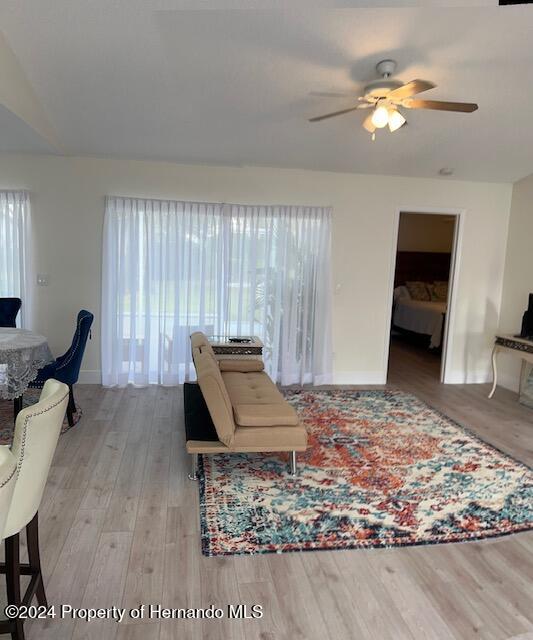 living room with light wood-type flooring and ceiling fan