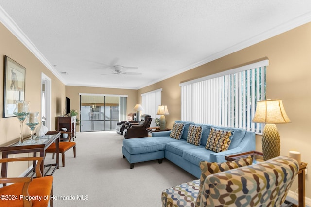 carpeted living room with ceiling fan, a textured ceiling, and crown molding